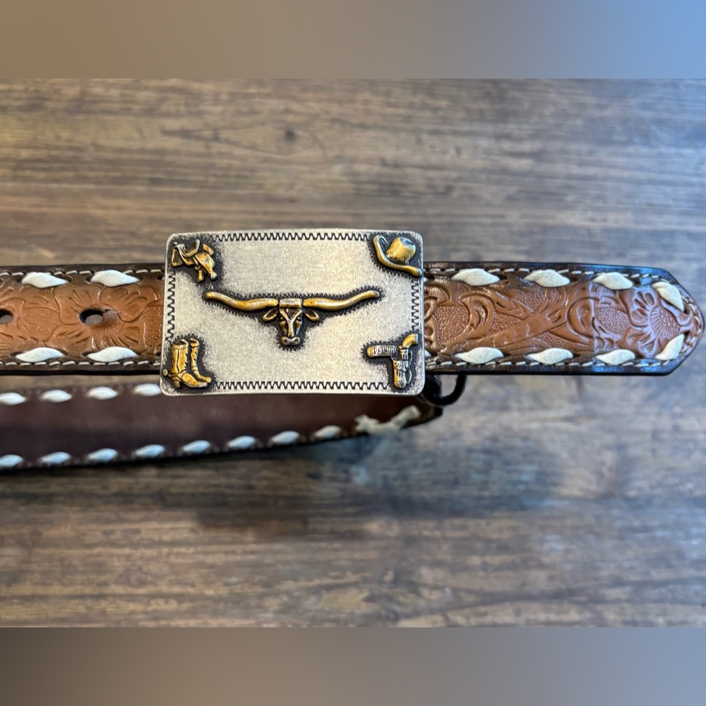 BOYS BLUE INLAYED LONGHORN BELT